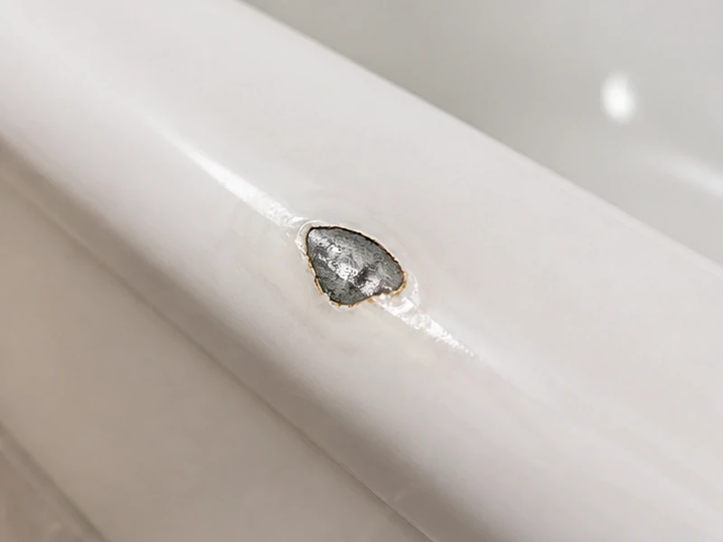 Chipped bathtub rim with rust starting at the exposed metal in a Birdland home before repair, Sunnyvale