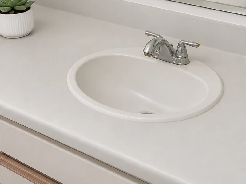 Refinished bathroom vanity countertop with a smooth even neutral finish in a Sunnyvale home