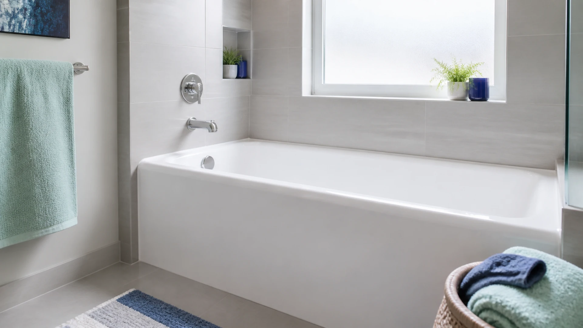 Freshly resurfaced glossy white bathtub in a bright Sunnyvale bathroom