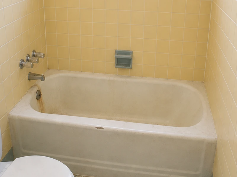 Matte porcelain cast-iron tub with rust at the drain in a Washington Park home before reglazing, Sunnyvale