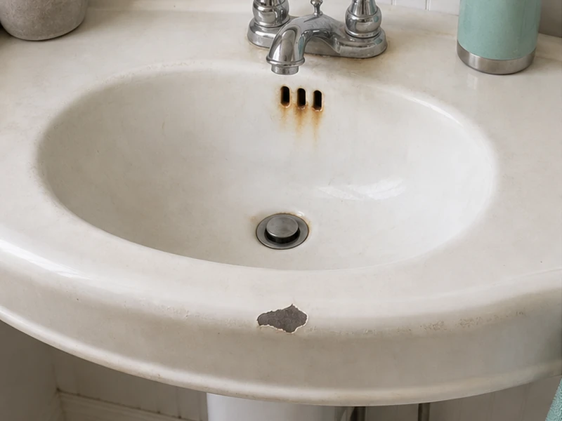 Chipped stained vintage porcelain bathroom sink with rust at the overflow in a Heritage District bungalow, Sunnyvale